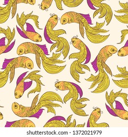 seamless pattern with beautiful fish. Vector embroidery for fashion textile and fabric
