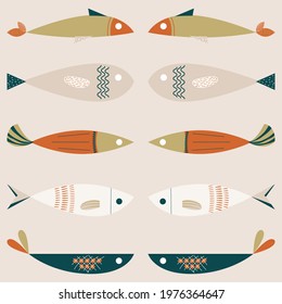 Seamless pattern with beautiful fishes. Can be used for wallpaper, textiles, packaging, cards, covers. Vector illustration isolated on white background. Vector illustration. Hand drawn.