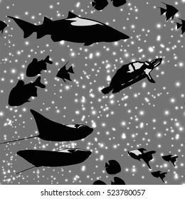 Seamless pattern with beautiful fishes like in space among the stars in black and white colors, vector illustration