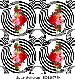 Seamless pattern with beautiful floral bouquets on  geometric background. Flower background for textile, cover, wallpaper, gift packaging, printing.Romantic design for calico, silk.