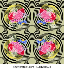 Seamless pattern with beautiful floral bouquets on  geometric background. Flower background for textile, cover, wallpaper, gift packaging, printing.Romantic design for calico, silk.