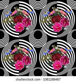 Seamless pattern with beautiful floral bouquets on  geometric background. Flower background for textile, cover, wallpaper, gift packaging, printing.Romantic design for calico, silk.