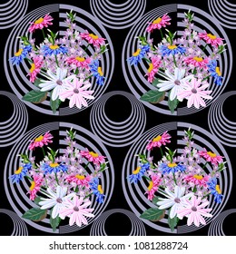Seamless pattern with beautiful floral bouquets on  geometric background. Flower background for textile, cover, wallpaper, gift packaging, printing.Romantic design for calico, silk.