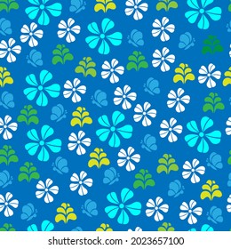 Seamless pattern with a beautiful floral ornament and butterflies in soft colors on a blue background