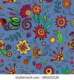 Seamless pattern from beautiful floral ornaments. Ethnic flowers in endless textures. Design for fabric, textile, packaging.