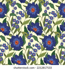 Seamless pattern, beautiful floral print with large blue flowers on a light background. Elegant botanical design with hand drawn wild plants, vintage garden, flowers, leaves. Vector illustration.