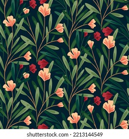 Patrón inmaculado, hermosa huella floral con jardín de verano. Fondo botánico con plantas silvestres dibujadas a mano: flores pequeñas en ramas, hojas grandes, follaje verde y exuberante. Ilustración vectorial.