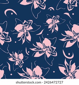 Seamless pattern, beautiful floral print with winter plants. Decorative botanical background with small flowers, blue leaves and branches