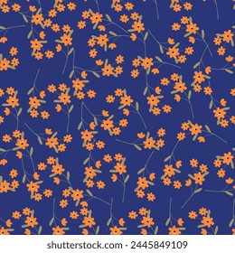 Patrón sin costuras, hermoso estampado floral con plantas de invierno. Fondo botánico decorativo con flores Pequeñas, hojas azules y ramas