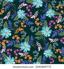 Seamless pattern, beautiful floral print with winter plants. Decorative botanical background with small flowers, blue leaves and branches