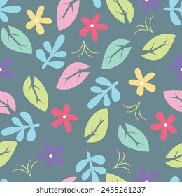 Seamless pattern, beautiful floral print with winter plants. Decorative botanical background with small flowers, blue leaves and branches