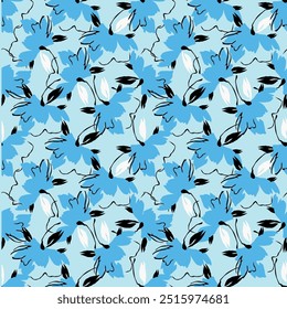 Seamless pattern, beautiful floral print with winter plants. Decorative botanical background with small flowers, blue leaves and branches