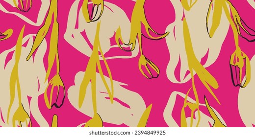 Seamless pattern beautiful flower and abstract forms vector. Collage contemporary print. Fashionable template for design.
