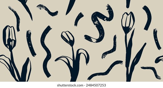 Seamless pattern beautiful flower and abstract lines vector. Collage contemporary print. Fashionable template for design.
