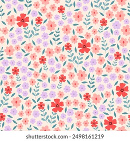 Seamless pattern with beautiful flower blossom garden. Cute hand drawn floral pattern for your fabric, summer background, wallpaper, textile, printed.