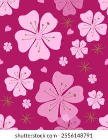 Seamless pattern with beautiful flower blossoms. This cute flower-pink hand-drawn Sakura floral pattern is the perfect vector for your fabric, summer background, wallpaper, textile, or print.