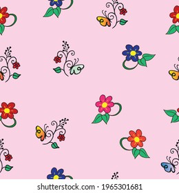 seamless pattern with beautiful flower and butterfly on pink background. colorful flower with green leaf illustration. hand drawn vector. doodle art for wallpaper, fabric, backdrop, wrapping paper. 