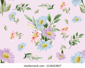 Seamless pattern with beautiful flower and leaves watercolor