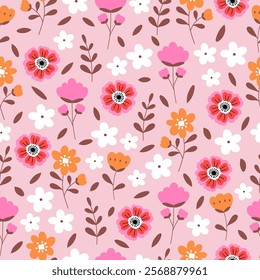 Seamless pattern with beautiful flower on pink background. Cute hand drawn floral pattern for your fabric, summer background, wallpaper, backdrop, textile. Vector illustration