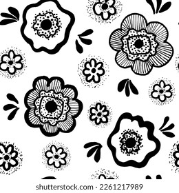Seamless pattern with beautiful flowers. Brush drawn elegant flowers. Spring or summer pattern design. Hand drawn vector botanical ornament. Sketch drawing. Poppies or chamomiles.