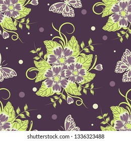 Seamless pattern with beautiful flowers and butterflies. Vector illustration.