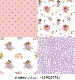 Seamless pattern of beautiful flowers and fairies.. Seamless background for textiles, wallpaper, patterns, covers, surface, print, wrapping, scrapbooking for kids