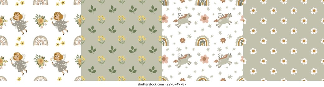 
Seamless pattern of beautiful flowers and fairies. Seamless background for textiles, wallpaper, patterns, covers, surface, print, packaging, scrapbooking for kids
