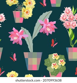 Seamless pattern with beautiful flowers in flowerpots and butterflies.