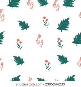 Seamless pattern of beautiful flowers and green leaves on a white background. Vector illustration.