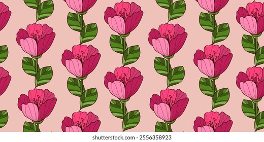 Seamless Pattern with Beautiful Flowers in Hand Drawn Style. Elegant cute plants. Nature delicate floral elements. Repeatable feminine design perfect for print, textile, fashion, beauty products