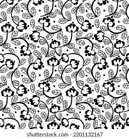 Seamless pattern with beautiful flowers. Hand-drawn bold brush style. Abstract black geometric flowers, stylized orchid with stem and decorative leaves. Botanical ornament in retro style.