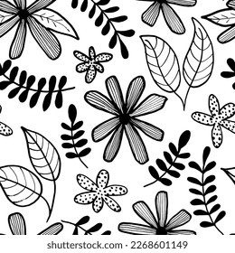 Seamless pattern with beautiful flowers. Hand-drawn bold brush style. Abstract black geometric flowers, stylized orchid with stem and decorative leaves. Botanical ornament in retro style.