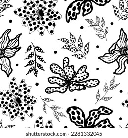 Seamless pattern with beautiful flowers. Hand-drawn bold brush style. Abstract black geometric flowers, stylized orchid with stem and decorative leaves. Botanical ornament in retro style. - Shutterstock ID 2281332045