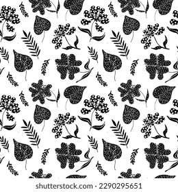 Seamless pattern with beautiful flowers. Hand-drawn bold brush style. Abstract black geometric flowers, stylized orchid with stem and decorative leaves. Botanical ornament in retro style.