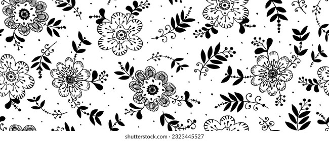 Seamless pattern with beautiful flowers. Hand-drawn bold brush style. Abstract black geometric flowers, stylized orchid with stem and decorative leaves. Botanical ornament in retro style.