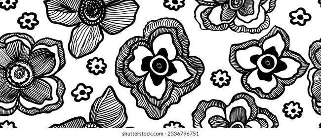 Seamless pattern with beautiful flowers. Hand-drawn bold brush style. Abstract black geometric flowers, stylized orchid with stem and decorative leaves. Botanical ornament in retro style.