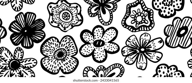 Seamless pattern with beautiful flowers. Hand-drawn bold brush style. Abstract black geometric flowers, stylized orchid with stem and decorative leaves. Botanical ornament in retro style.