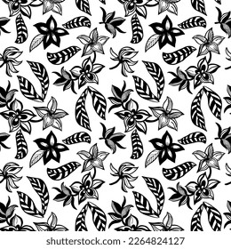 Seamless pattern with beautiful  flowers lilly and striped leaves . Hand-drawn bold brush style. Abstract black geometric leaves, decorative leaves. Botanical ornament in retro style. 