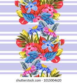 Seamless pattern with beautiful flowers on striped background. Flower background for textile, cover, wallpaper, gift packaging, printing.Romantic design for calico, silk.