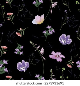 Seamless pattern beautiful flowers on a black backgroundVector illustration.