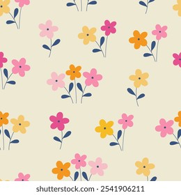 Seamless pattern with beautiful flowers on light yellow background. Hand drawn floral pattern for your fabric, summer background, wallpaper, backdrop, textile. Vector illustration