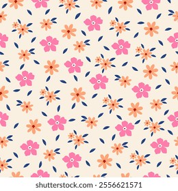 Seamless pattern with beautiful flowers on light yellow background. Hand drawn floral pattern for your fabric, summer background, wallpaper, backdrop, textile. Vector illustration