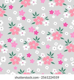 Seamless pattern with beautiful flowers on gray background. Hand drawn floral pattern for your fabric, summer background, wallpaper, backdrop, textile. Vector illustration