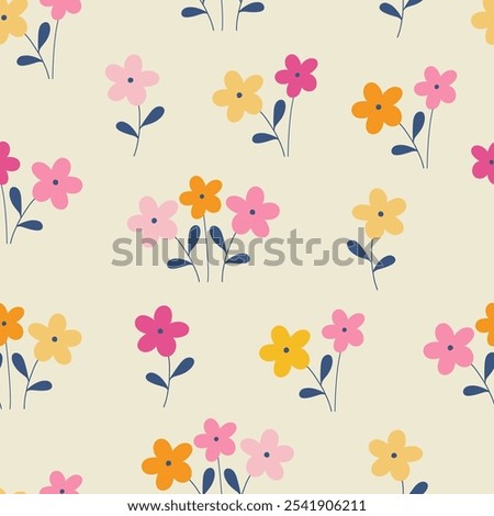 Seamless pattern with beautiful flowers on light yellow background. Hand drawn floral pattern for your fabric, summer background, wallpaper, backdrop, textile. Vector illustration