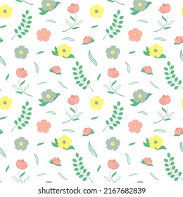 Nahtloses Muster mit schönen Blumen, Rosen, Blättern und Zweig. Blumenschmuck für Textilien, Bekleidung, Verpackungspapier und mehr.