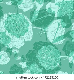 Seamless pattern with beautiful flowers roses, mint color