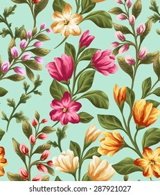 Seamless pattern with beautiful flowers in watercolor style