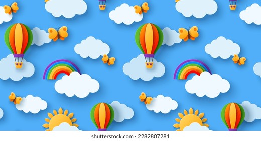 Seamless pattern beautiful fluffy clouds on blue sky background with summer sun, butterfly, hot air balloons and rainbow. Vector illustration. Paper cut style.