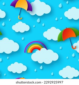 Patrón sin foco hermosas nubes esponjosas, paraguas coloridos sobre fondo azul con arcoiris. Ilustración vectorial. El papel cortó el estilo de los niños. Cielo desbordado con lluvia, temporada de monzones, fondo de pantalla del tiempo