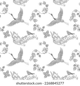 Seamless pattern. Beautiful flying birds and flowers. Textile background, line graphics. 